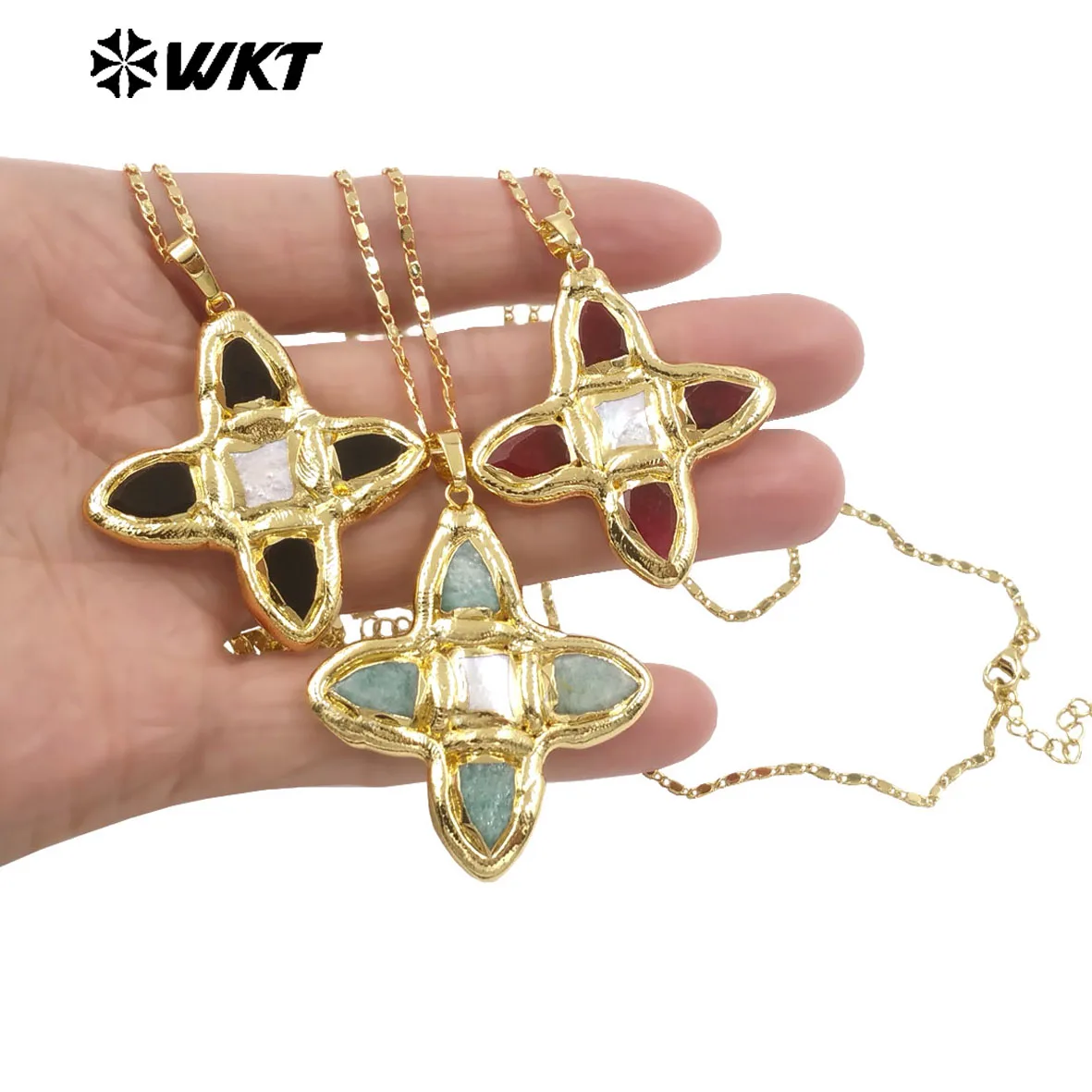

WT-JN363 WKT Bestseller Gemstone&Pearl Paved Cross In 18K Gold Plated Pendant Fine Chain Necklace For Couple Decorated
