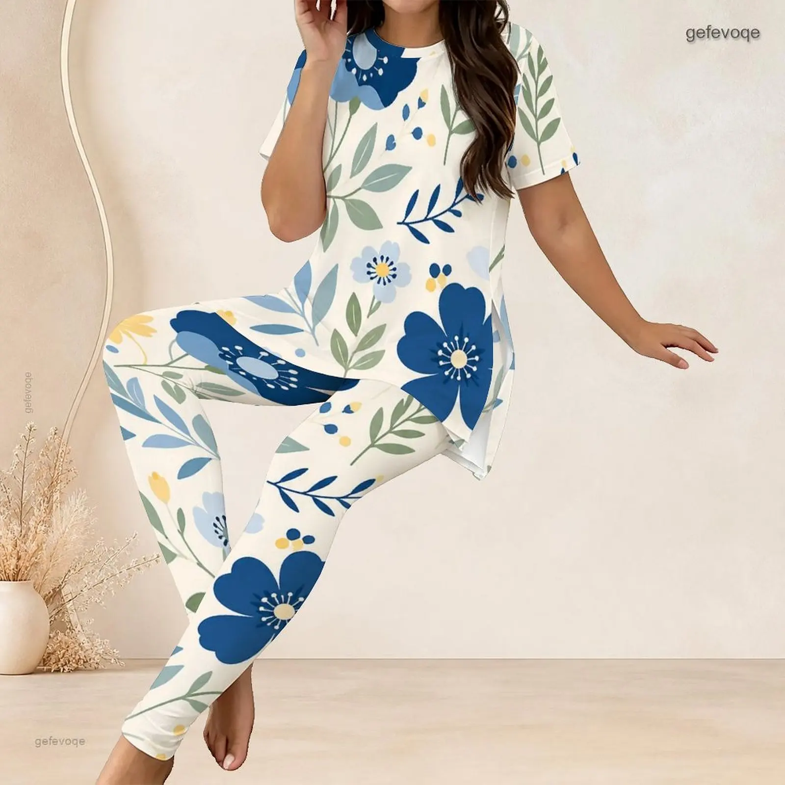Round Neck Short Sleeve Longline Top Fitted Pants Two Piece Printed Pants Set for Women