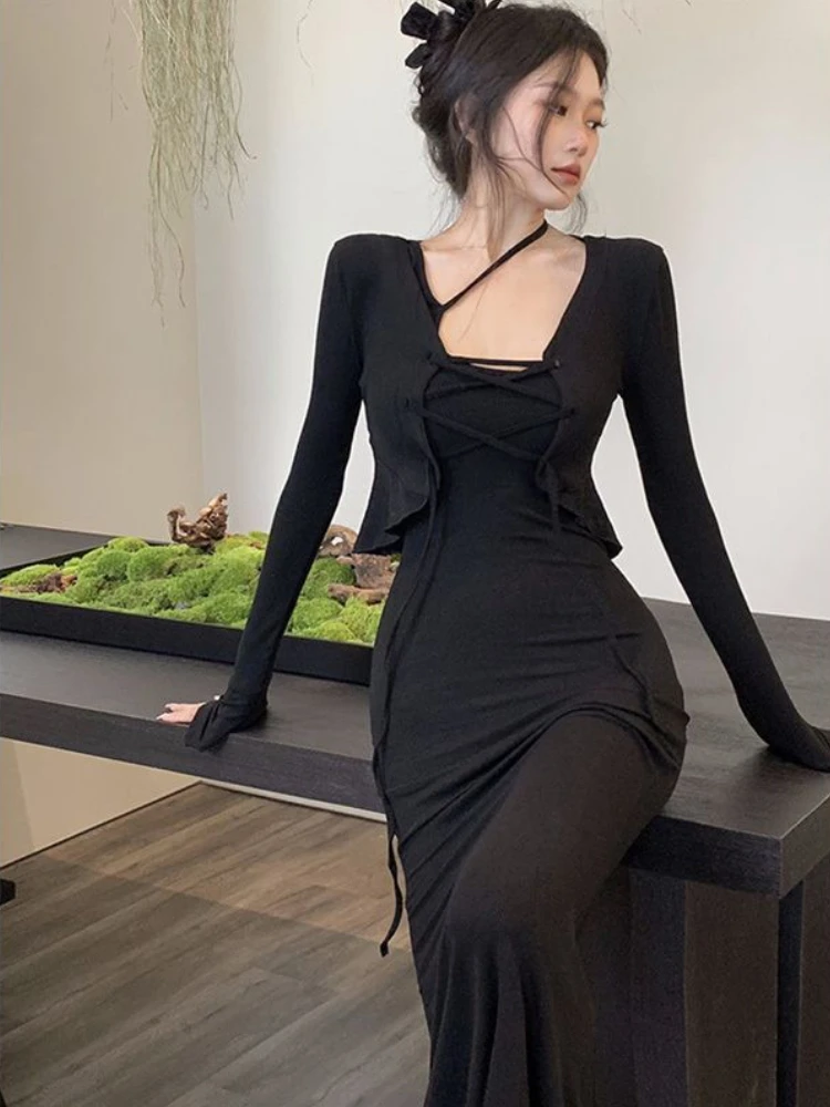 Two Pieces Sets Women Bandage Outwear Mermaid Dress Ins Slim Sexy Spring Ladies Vintage Chic Solid Flare Sleeve Fashion Ulzzang