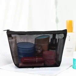 Black Nylon Mesh Cosmetic Bag Travel Portable Zipper Make Up Bag Makeup Case Bathroom Toiletry Organizer Pouch Wash Kit Bags