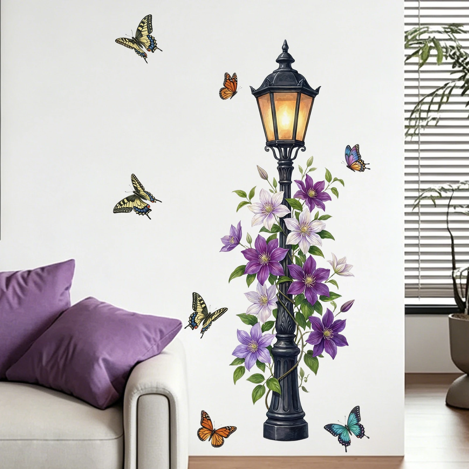 Vintage Street Lamp with Clematis & Butterflies Wall Decal, Floral Lantern Vinyl Sticker for Home Decor