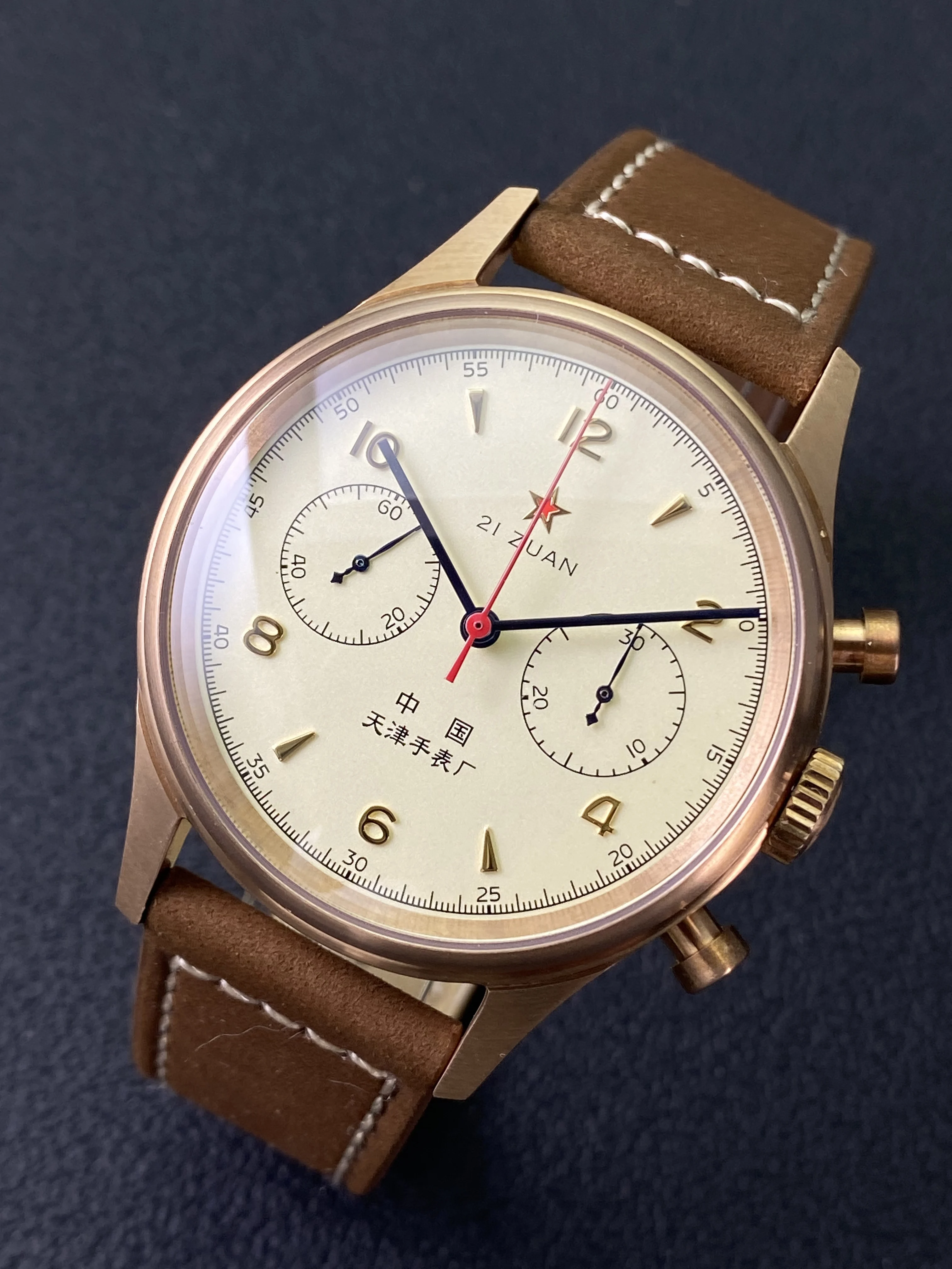 Premium Tin Bronze Case Vintage Pilot Manual Chronograph Watch Seagull ST1901 Column Wheel Mechanical Movement Dome Bubble Glass view 2