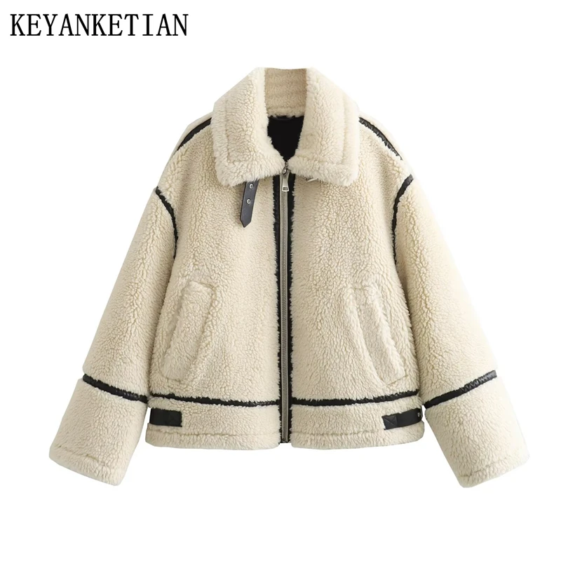 KEYANKETIAN 2024 Winter New Women's Short Lamb Wool Coat Leisure style Seam Detail Zipper Loose Thick Warm Greatcoat Outerwear