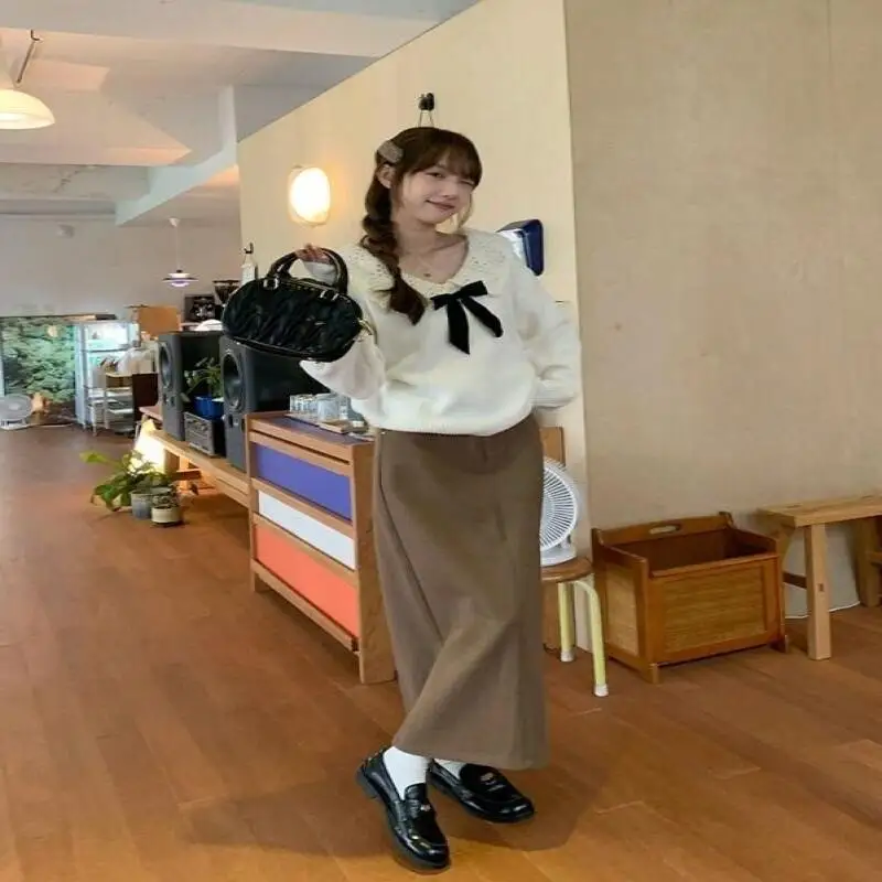Korean Style Sweater Temperament Style Sweet Gray Lapel Bow Sweater Autumn and Winter Retro Style Student Pullover Sweater New