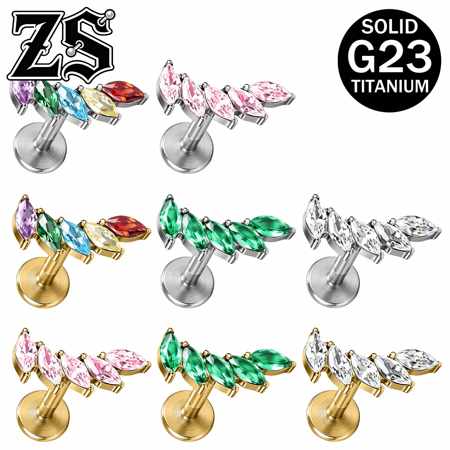ZS 16/18G 1 PC ASTM F136 Titanium Labret Lip Studs Colorful Zircon Stud Earrings Internal Thread Ear Lobe Helix Piercing Jewelry