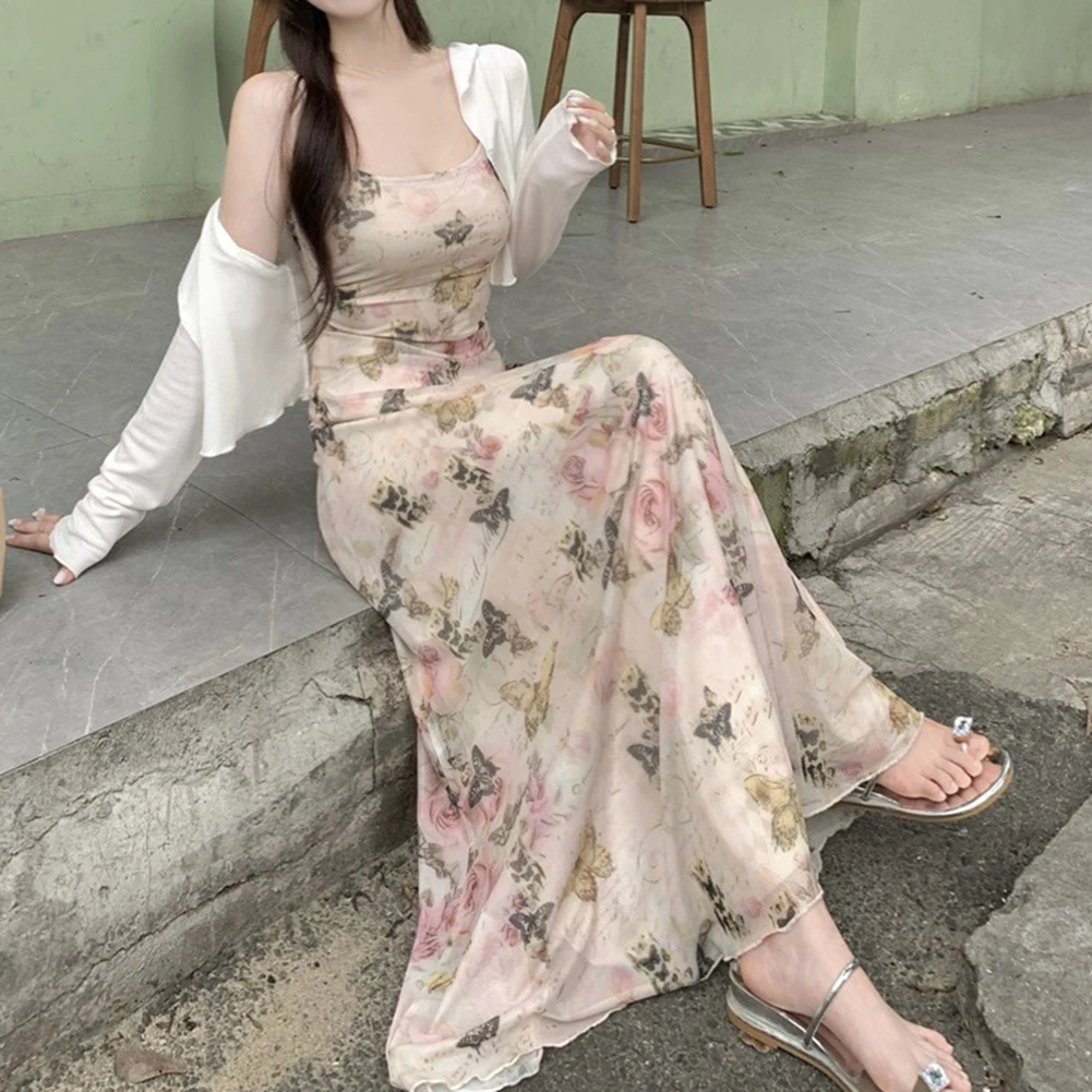 Daily Wear Summer Vacation S Retro Butterfly Print Elegant Vacation Dress Sundress Spaghetti Strap Dress Lightweight Fabric
