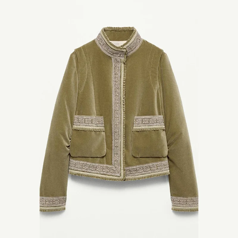 سترة جيب رقعة كلاسيكية من الدانتيل أنيقة عصرية للمصممين الرجعية ملابس خارجية نسائية للخريف بوهو ملابس خروج دافئة #5