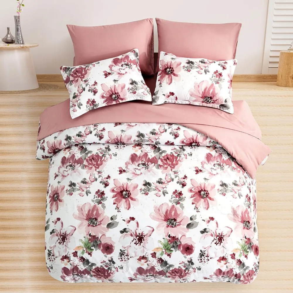 Pink 7 Pieces Bed in A Bag, Soft Microfiber Complete Bedding Set for All Season, Floral Comforter Set King Size