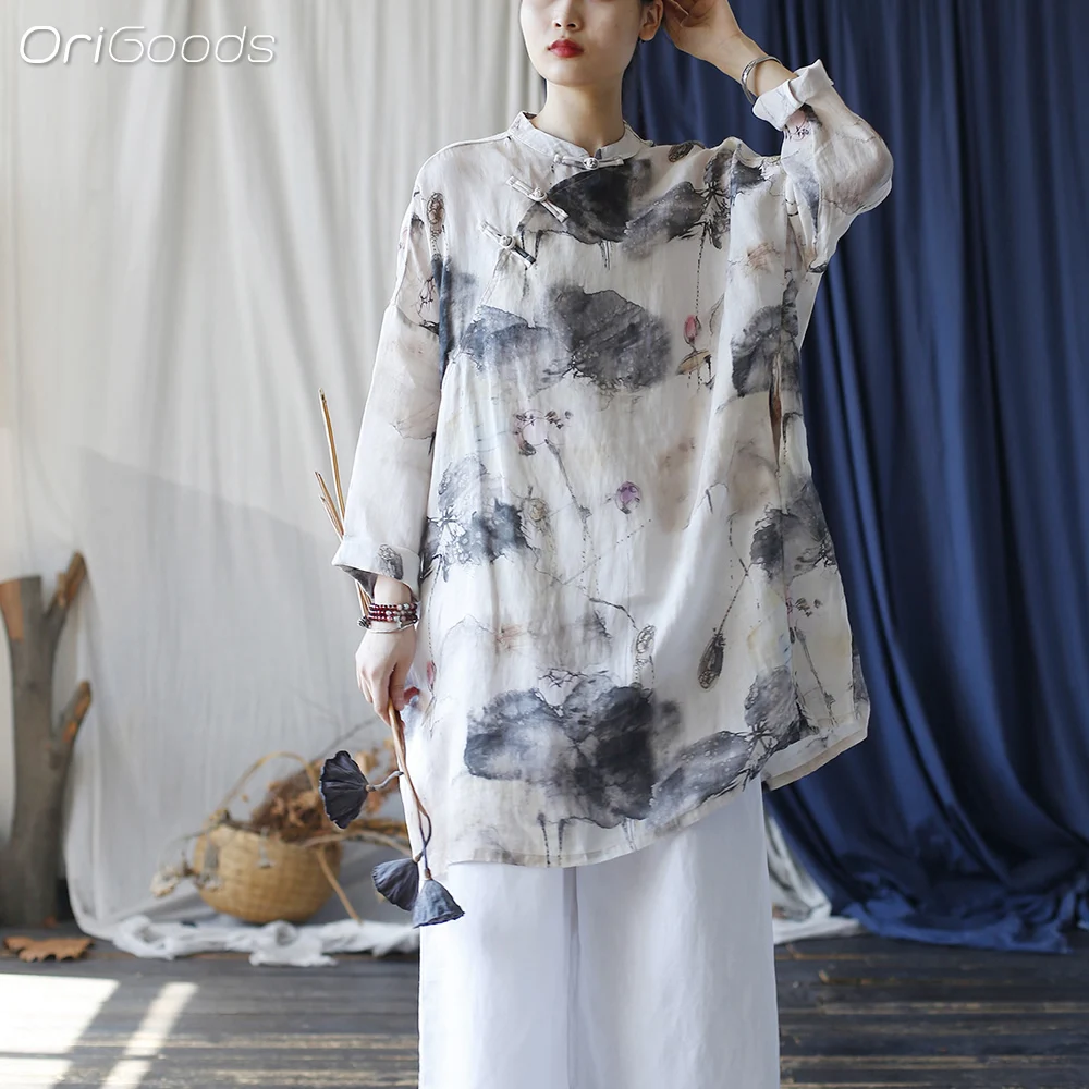 OriGoods Ramie 100% Long Blouse Women Chinese Style Print Oversized Summer Blouse 2024 New Vintage Loose Thin Summer Tops X026