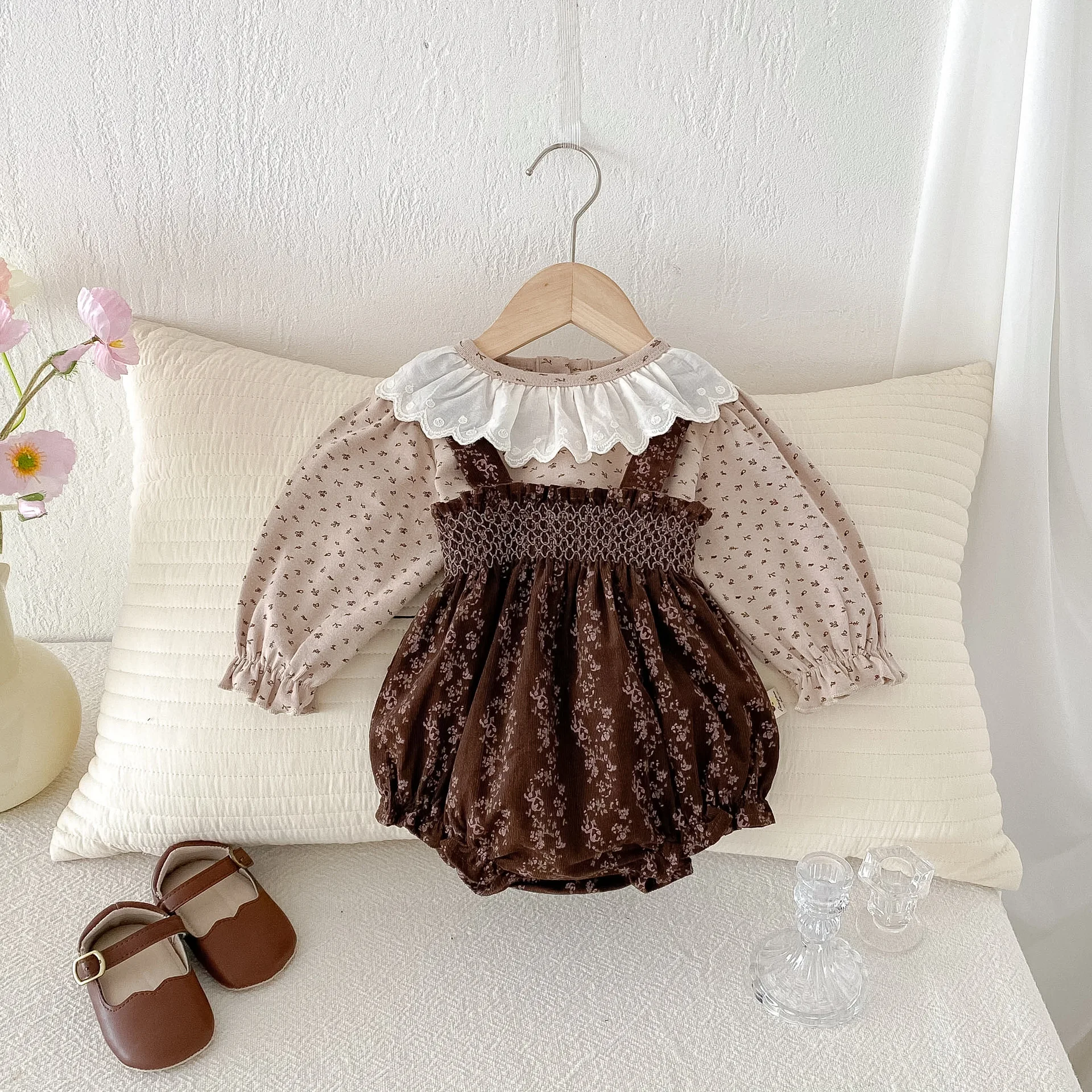 Spring Baby Girls' Lace Collar Pullover Top With Retro Floral Suspenders Pants Set