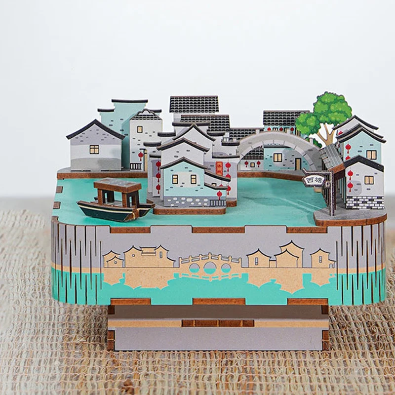 DIY 3D Wooden Ancient Water Town Music Box Miniature Model Kits Jigsaw Puzzles Can Move for Children Birthday Gifts Home Decor