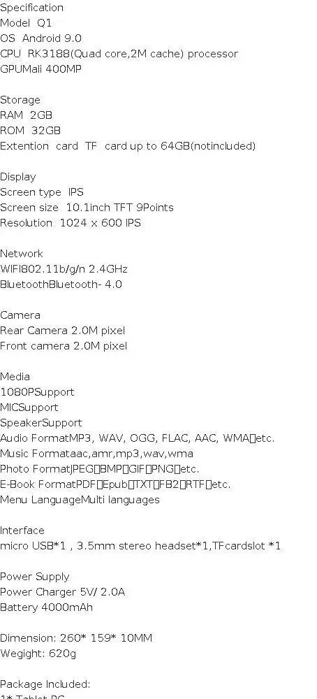 Hot Sales 10 Inch 2GB RAM 32GB ROM Q1 6103 Android 9.0 Tablet PC Q1 Quad-Core Dual Camera WIFI