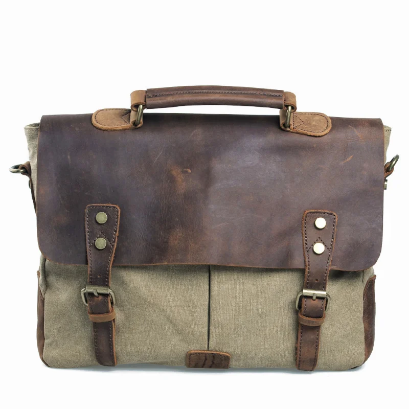 Retro leather bag with canvas, European-style retro messenger bag, single shoulder crossbody bag, handbag for briefcases