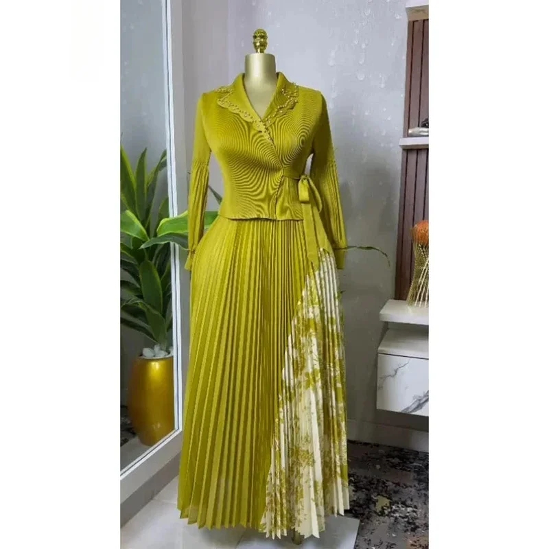 

2025 Spring New Pleated A-line Dress elegant Suit Collar Mid To Long Style Waist Cinching Slimming Women Folds Skirt 6G5972
