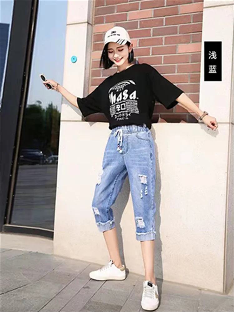 2023 Denim Cropped Pant Women New Loose Elastic Harem Pants Girls Casual All-Match High Waist Denim Pants Summer Breeches Trend