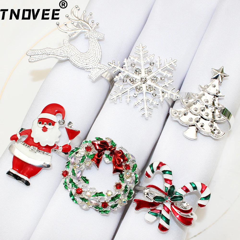 6Pcs Mixed Sliver Christmas Napkin Rings Xmas Elk Tree Snowflake Candy Cane Wreath Napkin Holder for Party Wedding Table Decor