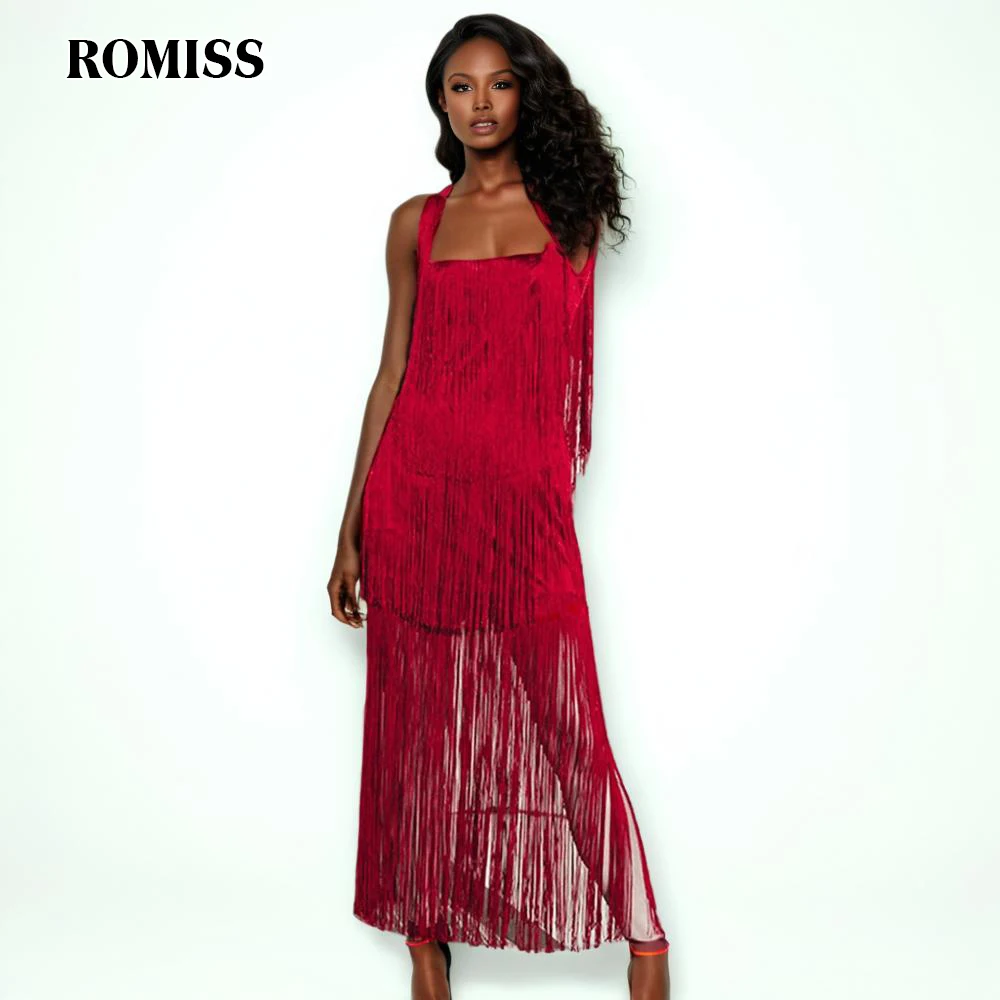 ROMISS Sexy Backless Dress For Women Square Collar Sleeveless High Waist Patchwork Tassels Summer Minimalist Dresses Female