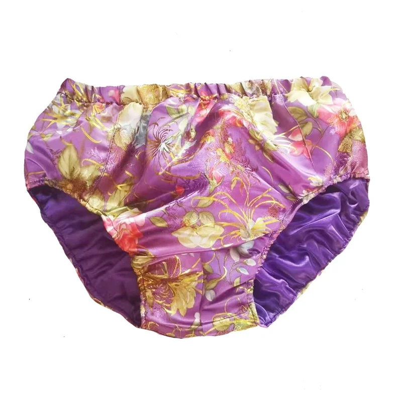 M-4XL Man Handmade Glossy Satin Floral Silky Touch Panties Smooth Briefs Club FKK Private Party BF Live Show Dance Sexy Costumes