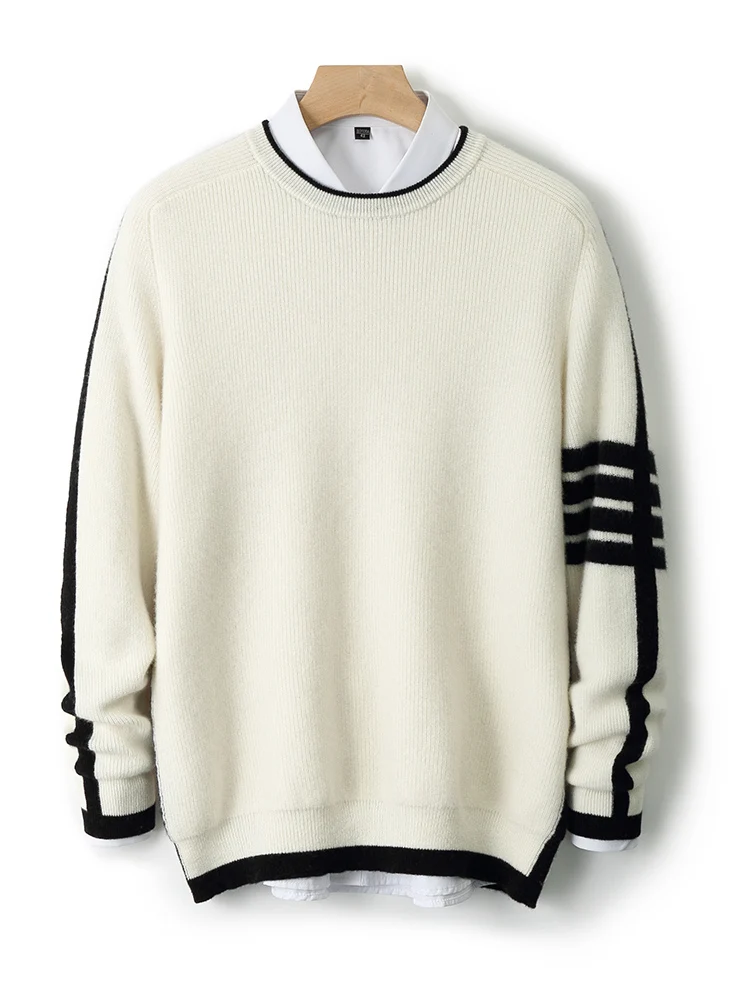 

ANGEL Men Autumn Winter Thick Pullover O-Neck Cashmere Sweater 100% Merino Wool Patchwork Knitwear Casual Soft Warm Clothing