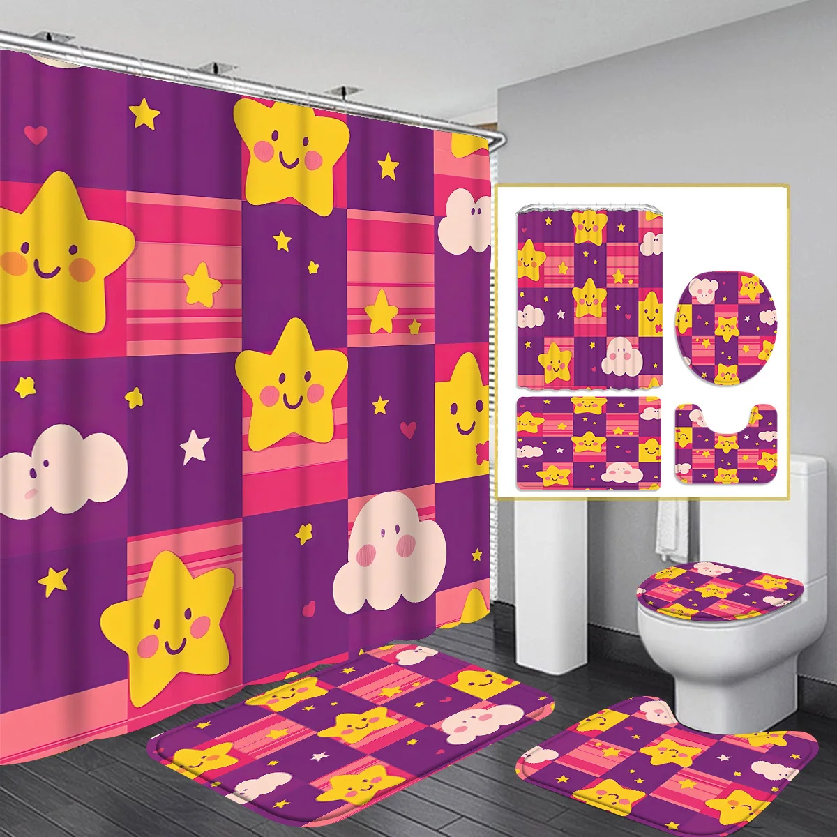 

4pcs Cartoon Characters Shower Curtain Collection - 12 Hook Shower Curtain with Rug, Toilet Mat and U-Mat - Complete Bathroo