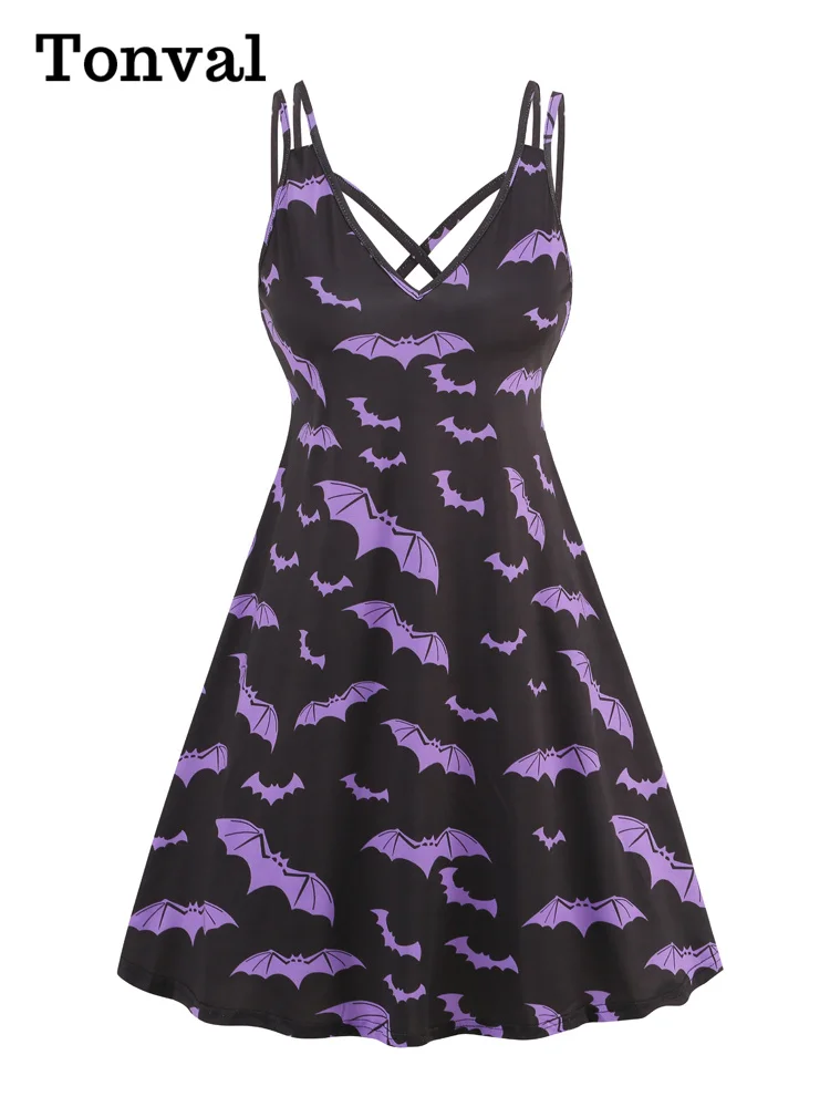 

Tonval Bat Print Halloween Dress Party Night Women Criss Cross V-Neck Spaghetti Strap Fit and Flare Vintage Sexy Dresses 2023