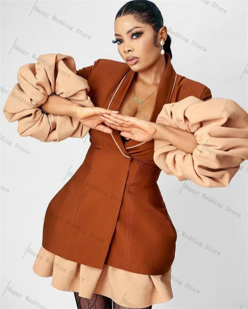 

Designer Brown Women Suit Skirt 1 Piece Long Blazer Prom Dress Cotton Autumn Formal Puffy Sleeves Customized Jacket Wedding Coat