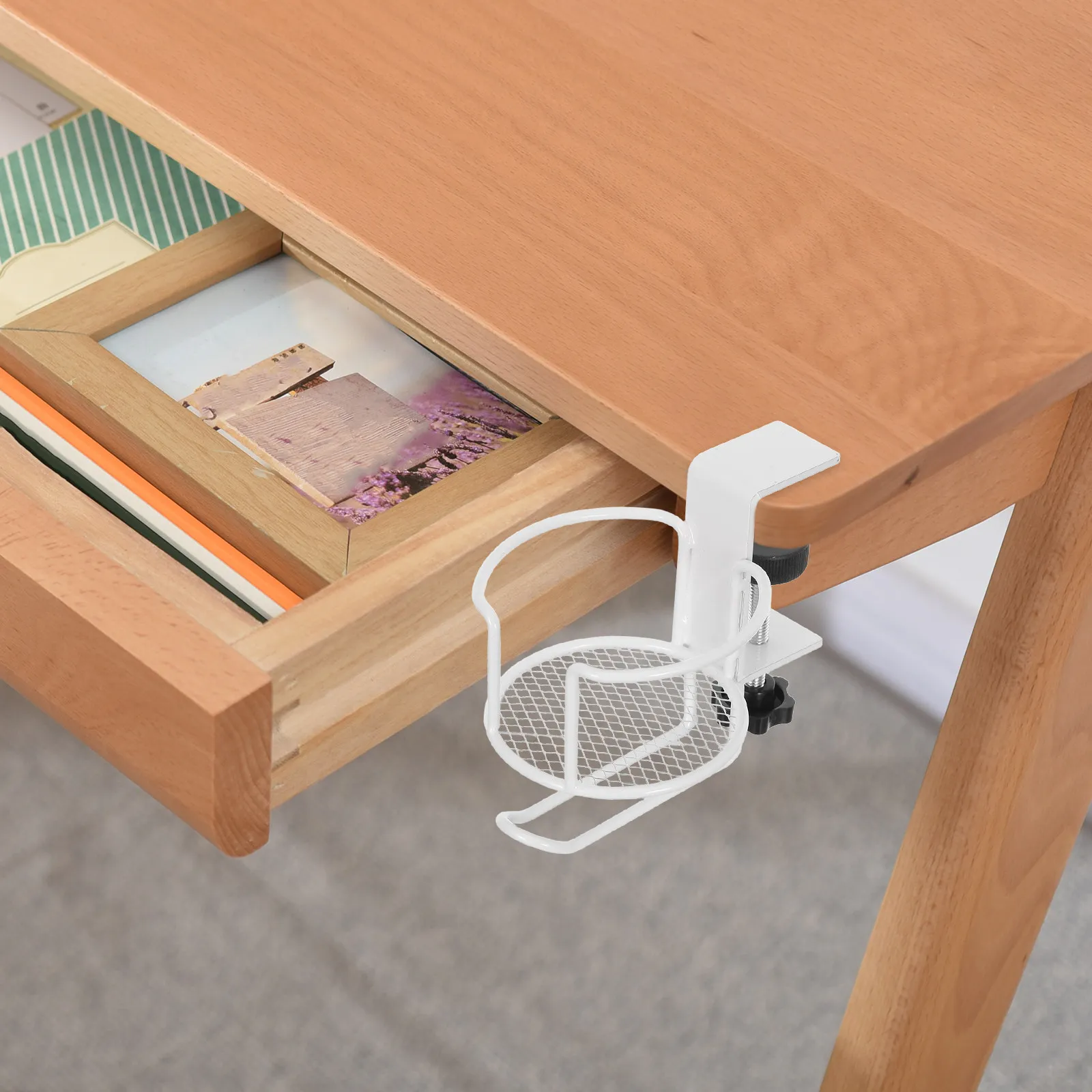 No Drill Clip on Cup Holder for Desk with Under Desk Headphone Hanger Space Saving Anti Spill Table Edge Beverage Organizer view 3