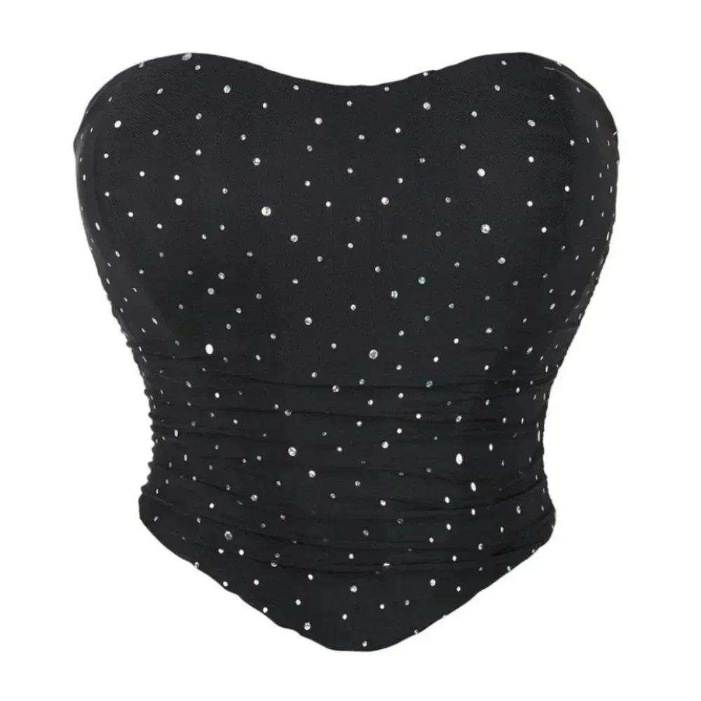 أكمام قبالة الكتف مثير مشد القمم حجر الراين تنفس شبكة أضعاف المحاصيل القمم سترة الملابس الداخلية النسائية عارية الذراعين بوستير