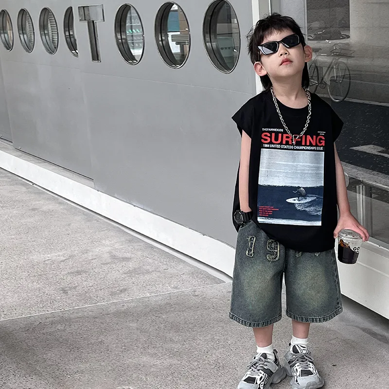 Boys Shirts Chlidren Clothes Summer Wear 2024 Children Korean Style Fashion Boys Sleeveless Top Letter Printed Boy Shirts