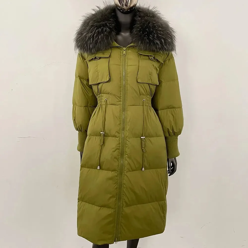 2025 الأبيض بطة أسفل معطف سيدة ريال فوكس الفراء طوق شتاء دافئ جديد معطف الفرو الطبيعي المرأة سليم صالح فوق الركبة سترة منفوخة #1
