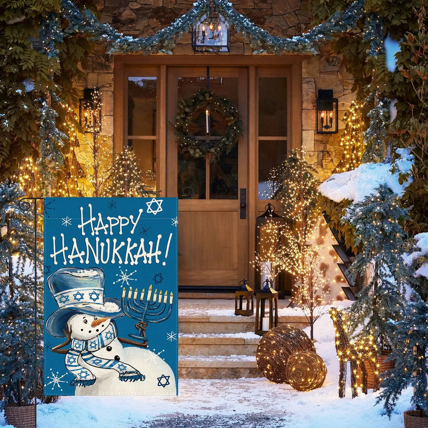 Happy Hanukkah Yard Flag 12x18 Double Sided Snowman Gnome Garden Decor Outdoor Linen Winter Festival House Banner Holiday Gift