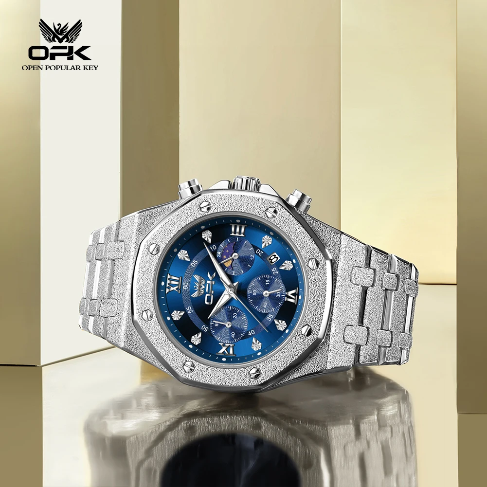 OPK 8196 Original Quartz Movement Watch 24 Hour Moon Phase Chronograph Function Dial Steel Strip HD Night Light 30M Waterproof