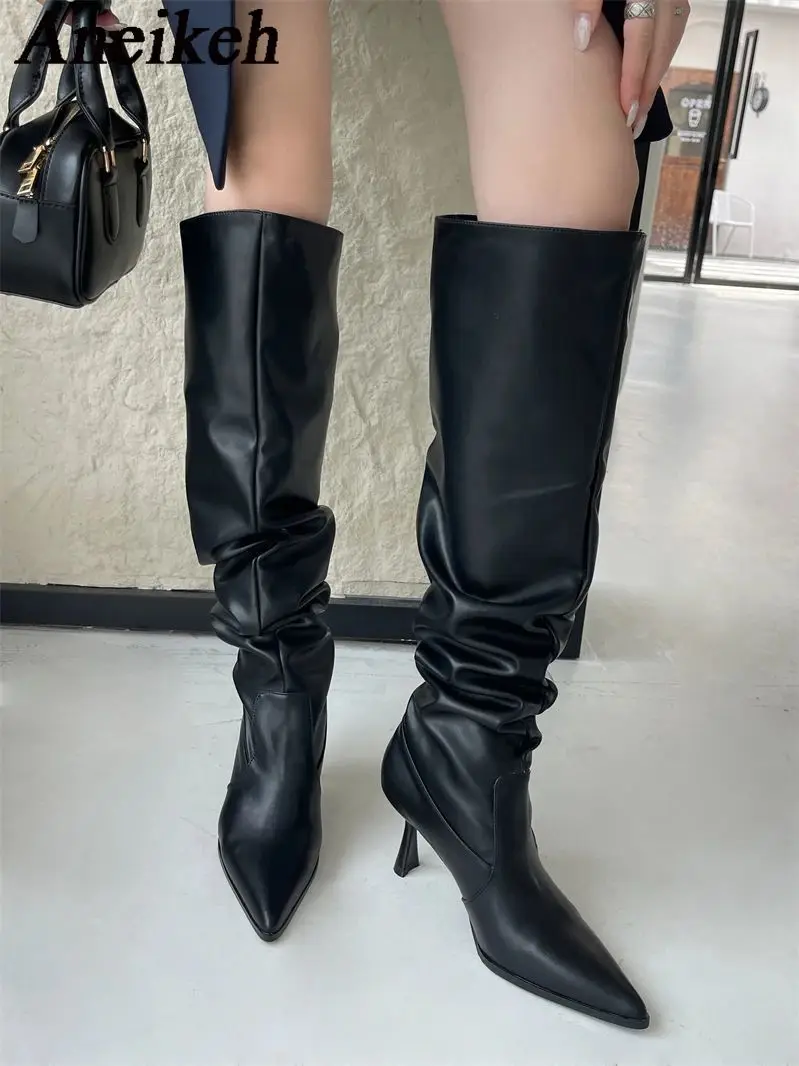 Aneikeh Concise Pleated Pointed Toe Leather Thigh High Heels Knee-High Long Boots Fashion Street Style Female Shoe Spring/Autumn