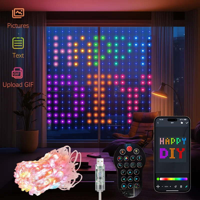 USB Smart Fairy Light Animated Curtain Light String 400LED DIY Image Display Music Sync LED String Outdoor RGB Party Decoration