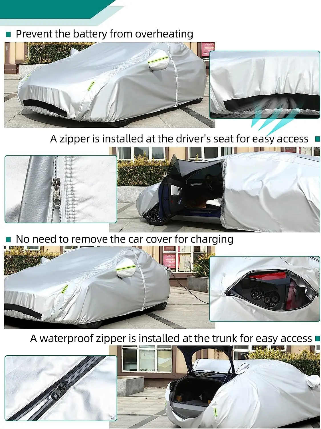 All Weather Oxford cloth Car Covers for Tesla Model 3/Y with Ventilated Mesh Zipper Door Charge Port Opening Trunk Opening