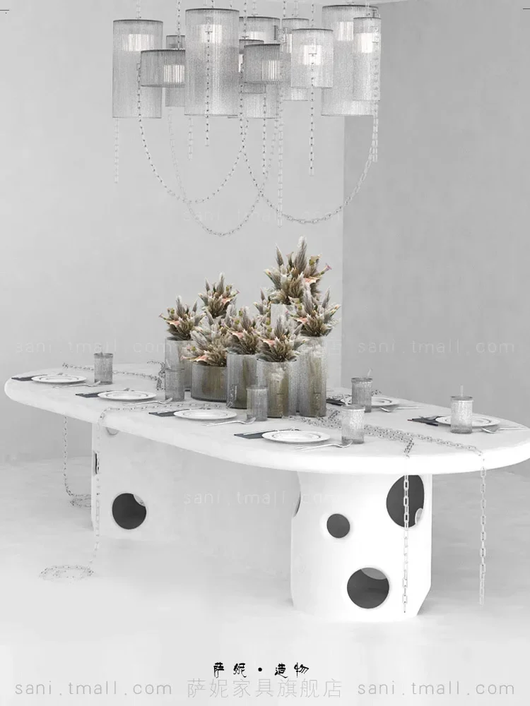 Light luxury simple long table cylindrical base hollow design company lobby end view table personality creative white