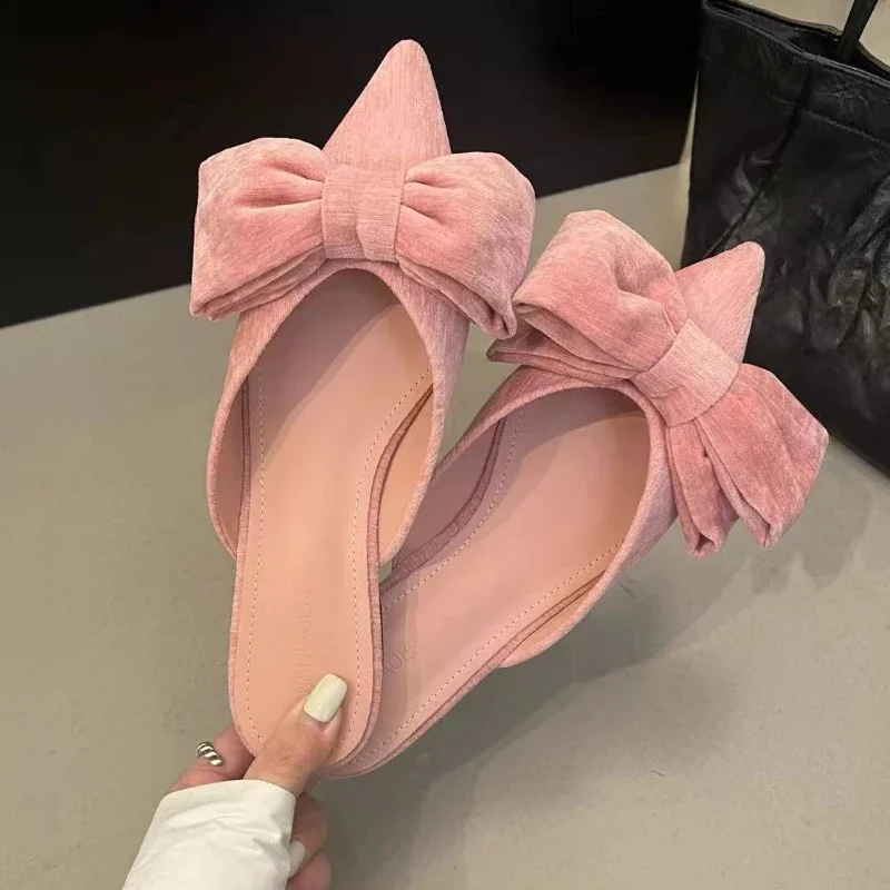 Moda bowknot chinelos para mulheres novos slides planos rasos estilingue sapatos vestido conforto moda apontou toe mules bombas femininas