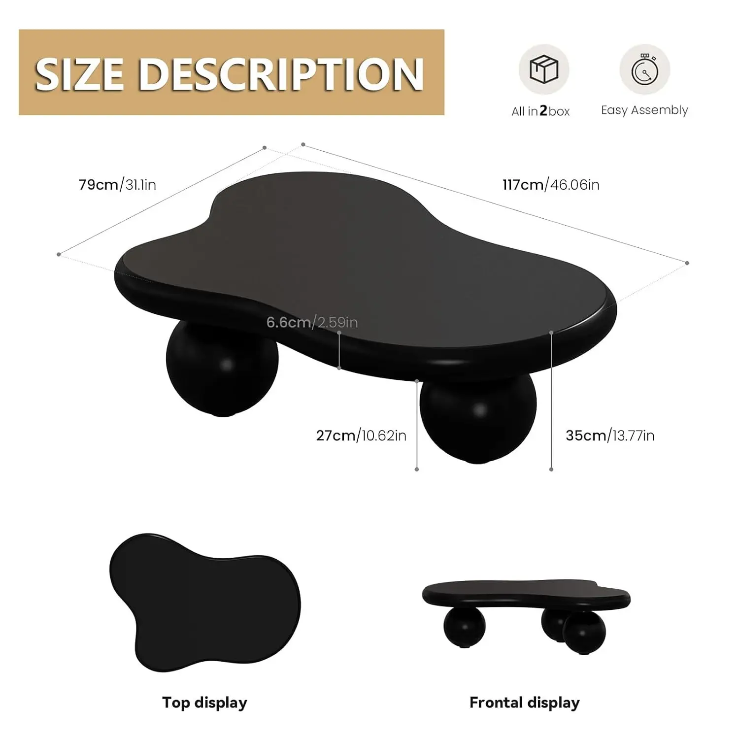 46.06” Black Cloud Shaped Coffee Table (A46IN) | Irregular Coffee Table, Cute MDF, Modern Center Tables, 3 Ball, Customized