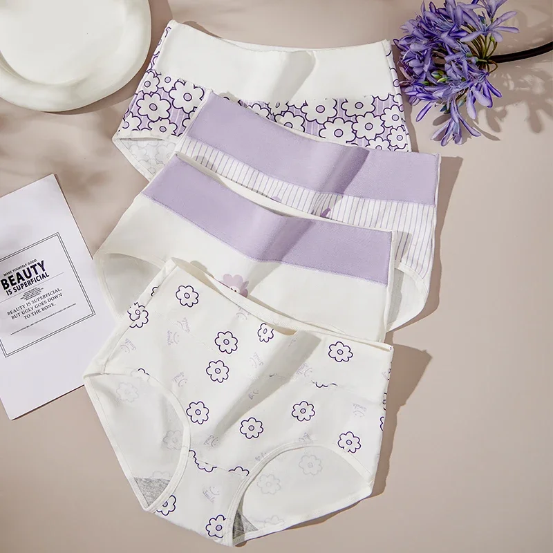 

4Pcs/Set Cotton Panties Women High Waist Slimming Underwear Cute Print Young Girls Briefs Plus Size M-4XL Soft Female Lingerie