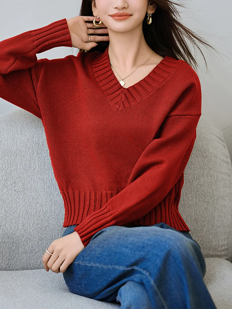 

Красный вязаный свитер женский Sle V-Ne ort Sve Thiened Winter Faion Commute Sle Pure Color Новое поступление