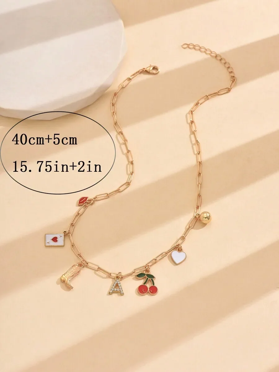 Womens Charm Pendant Necklace With Link Chain, Cherry Heart Letter Boot Western Style