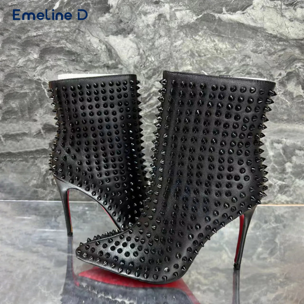 

Black Studded Personalized Short Boots Fashionable Rivet Pointed Stiletto Pull-On Sexy Boots Side Zipper Large Size Women's Boot