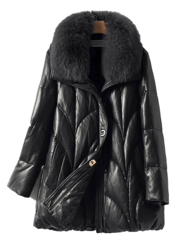 Winter new fashion leather down jacket women medium to long fox fur collar thickened 90% white duck down leather jacket
