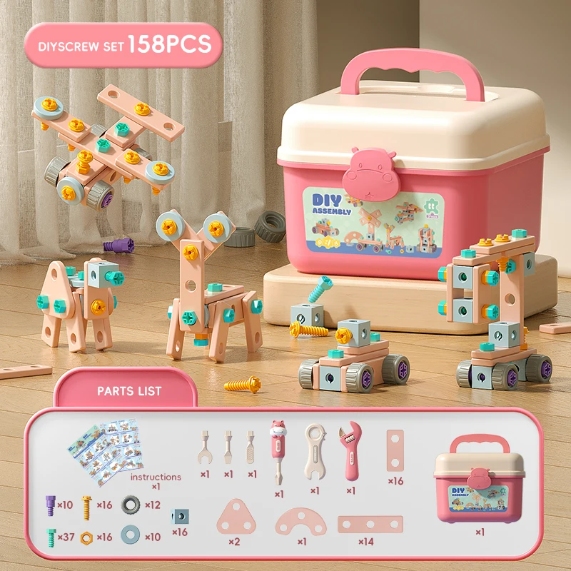 Kit de herramientas para juego de imitación, 158 Uds., con taladro de juguete electrónico, casco, juguetes de construcción para niños, juguetes para juegos de rol, banco de herramientas Montessori