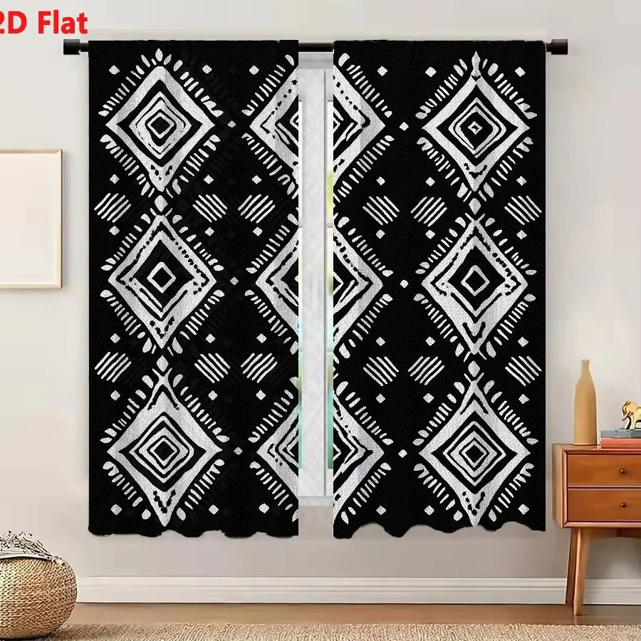 2Pcs Curtains 2D Flat Geometric Diamond Pattern On Black Background With Hand Drawn Tribal Art Motifs Window Drapes for Bedroom