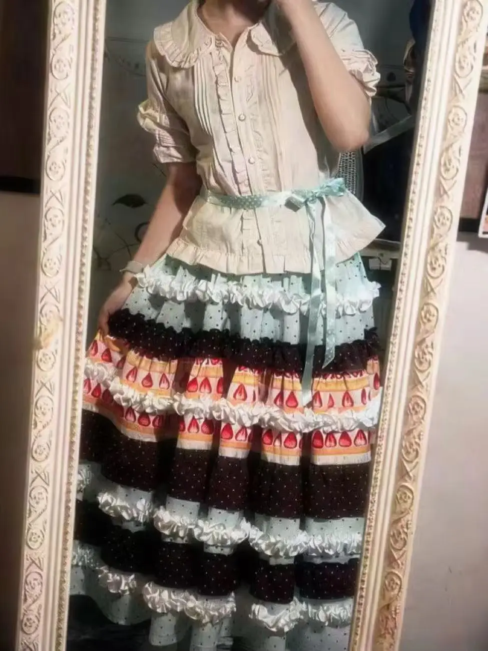 High-end Sweet Patchwork Polka Dot Chiffon Long Skirts Y2K Skirt Women High Waist Multi-Layer A-line Flower Print Skirt Harajuku