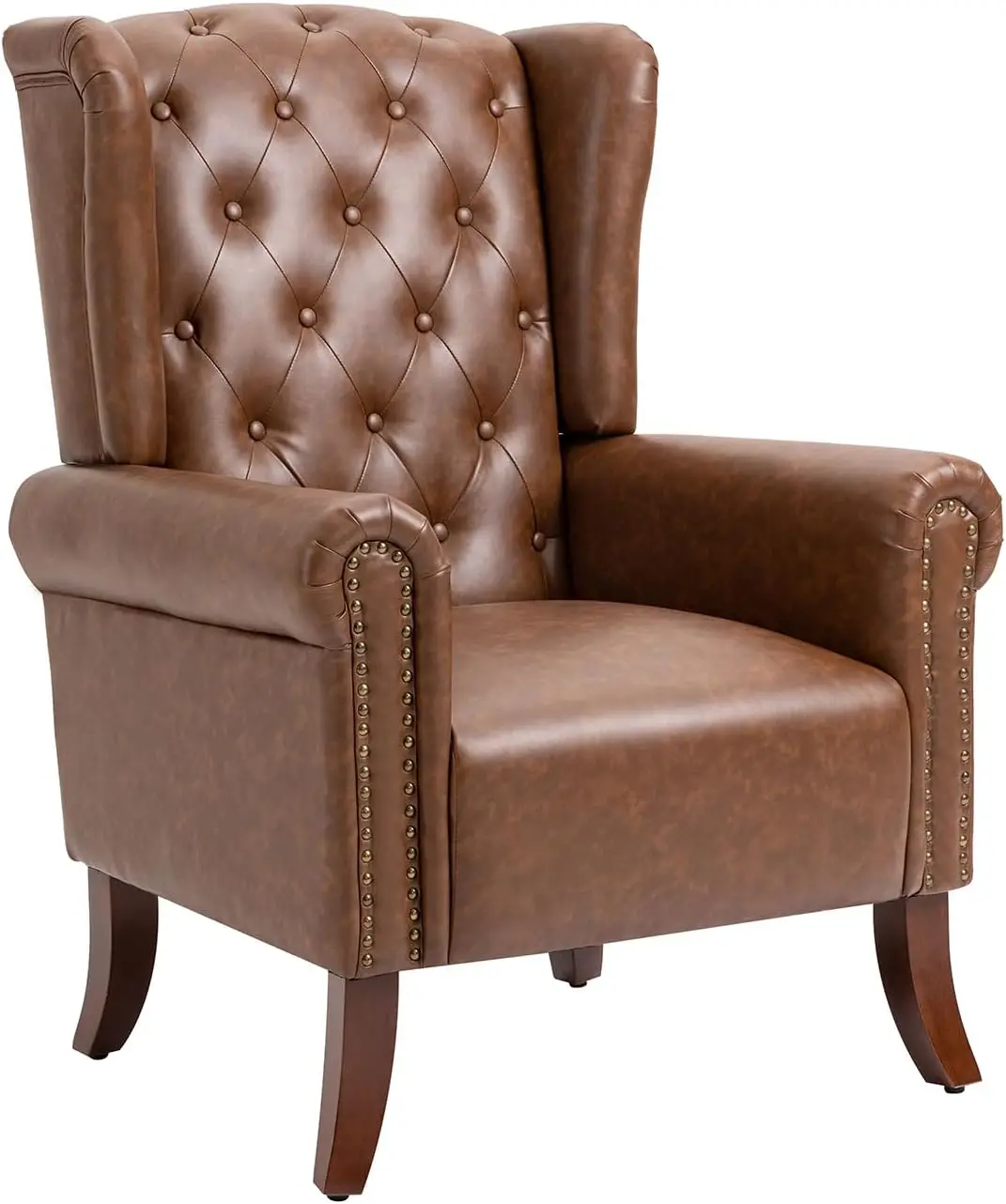 

Mid- Pu Leather Accent Chair, Living Room Lounge Sofa Chair With Buttons, Single Club Armchair With Rivet Trim For Bedroom Home