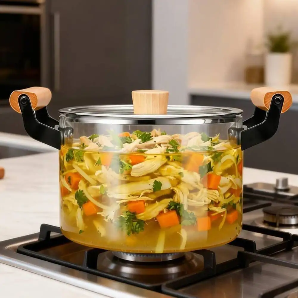 2.5-Liter Transparent Glass Stovetop Cooking Pot With Large Wooden Handle, Ideal Slow Simmering Or Frying.Clear Lid Allows