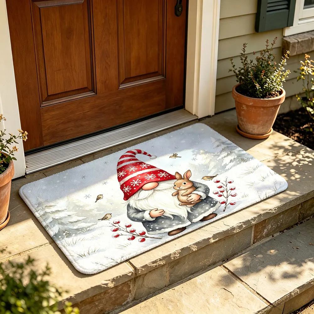 1pc Christmas snow fairy holding a rabbit snow scene illustration anti-slip indoor floor mat with flannel silicone base