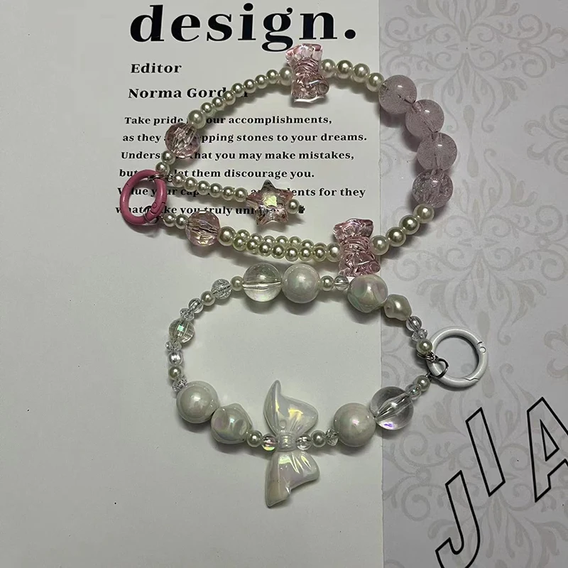 Ins Style Skin Color Pink Bow Mobile Phone Case Lanyard Bracelet Crystal Handmade Beads With Card Simple Light Luxury Style